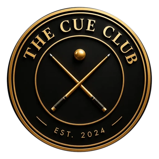 The Cue Club crest: two crossed gold cues beneath a gold ball, established 2024